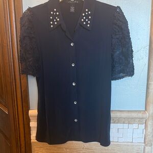 Black Short-Sleeve Button-Front Top with Embellished Collar